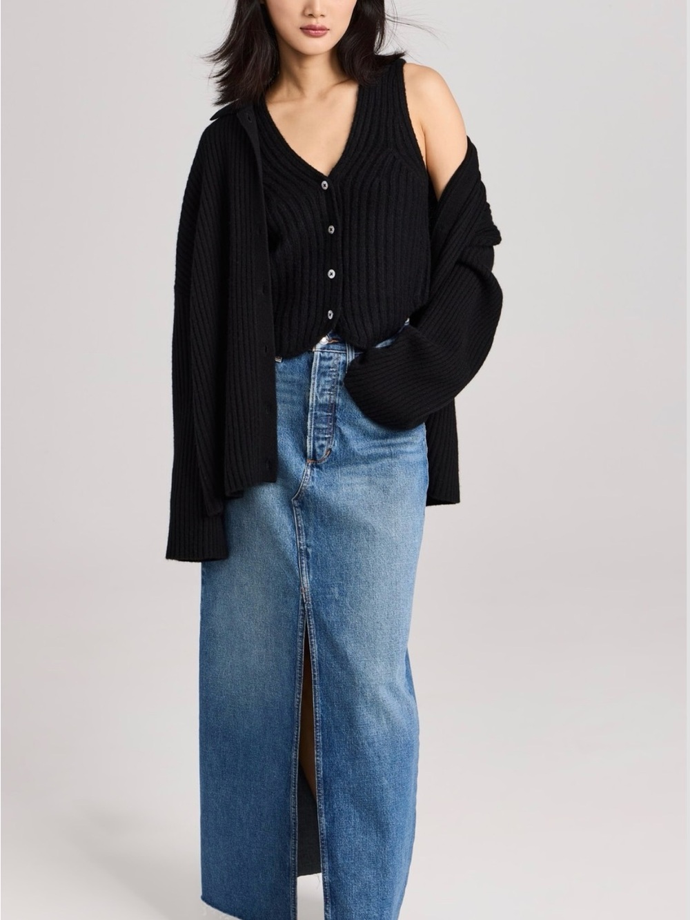 Favorite Daughter Black Ribbed Button V-Neck Tank with Matching Cardigan